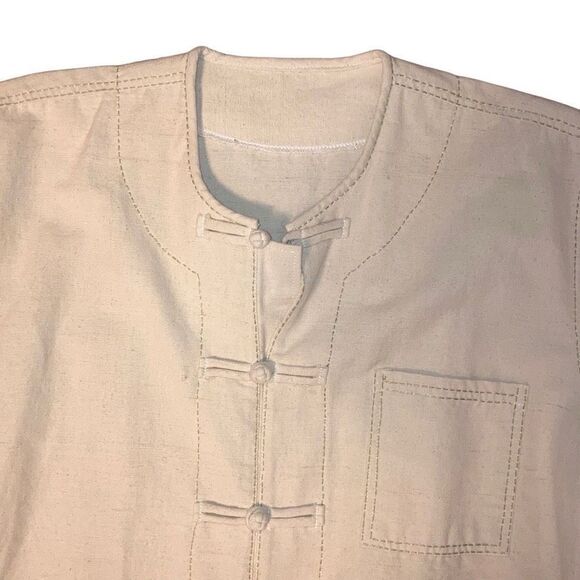 Vintage Handmade Men’s Sz XL Asian Short Sleeve Linen Shirt Jacket Thin Tai Chi - Picture 3 of 4